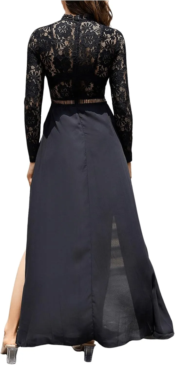 SweatyRocks Women's Sexy Sheer Lace Long Sleeve Split Maxi Cocktail Long Party Dresses