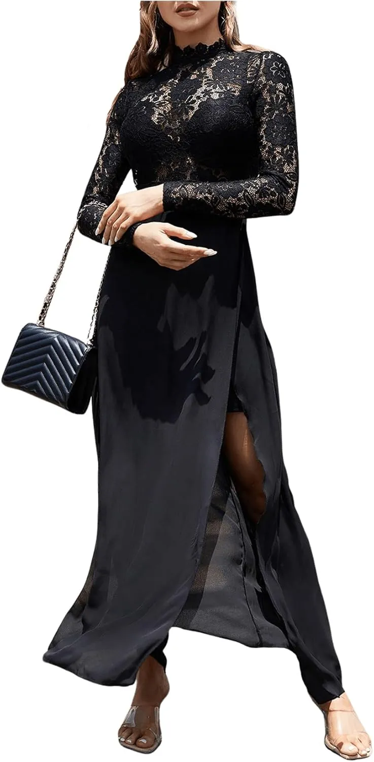 SweatyRocks Women's Sexy Sheer Lace Long Sleeve Split Maxi Cocktail Long Party Dresses