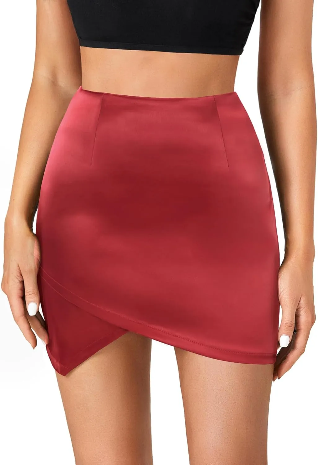 Umenlele Women's Satin Silky High Waist Warp Asymmetrical Tulip Hem Bodycon Pencil Short Mini Skirt