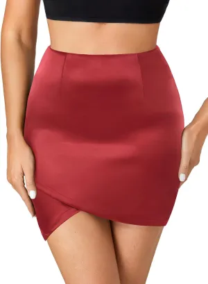 Umenlele Women's Satin Silky High Waist Warp Asymmetrical Tulip Hem Bodycon Pencil Short Mini Skirt