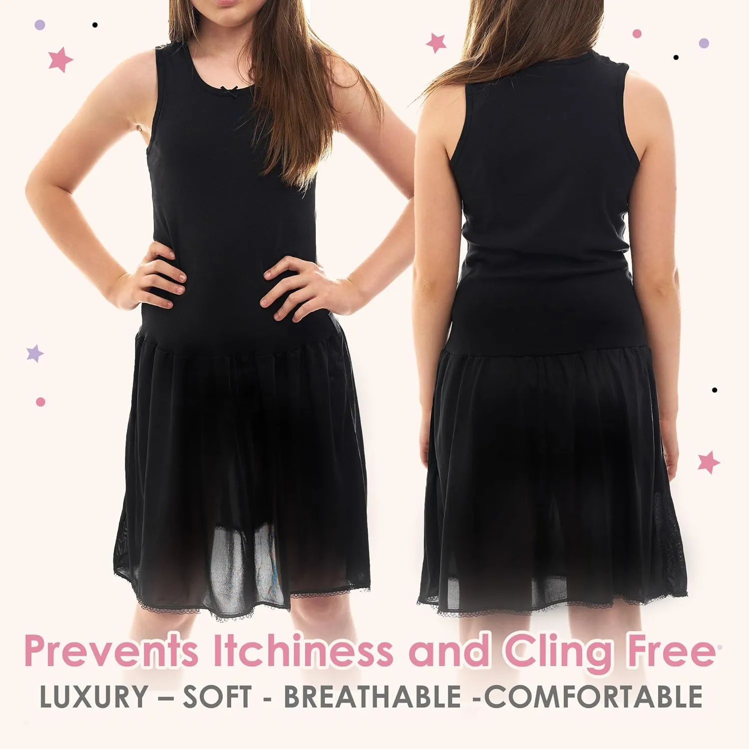Valair Sleeveless Full Slip for Girls-Option of Inserted Bra-Cling-Free-100% Cotton Cami Tank Top 100% Nylon Silky Bottom