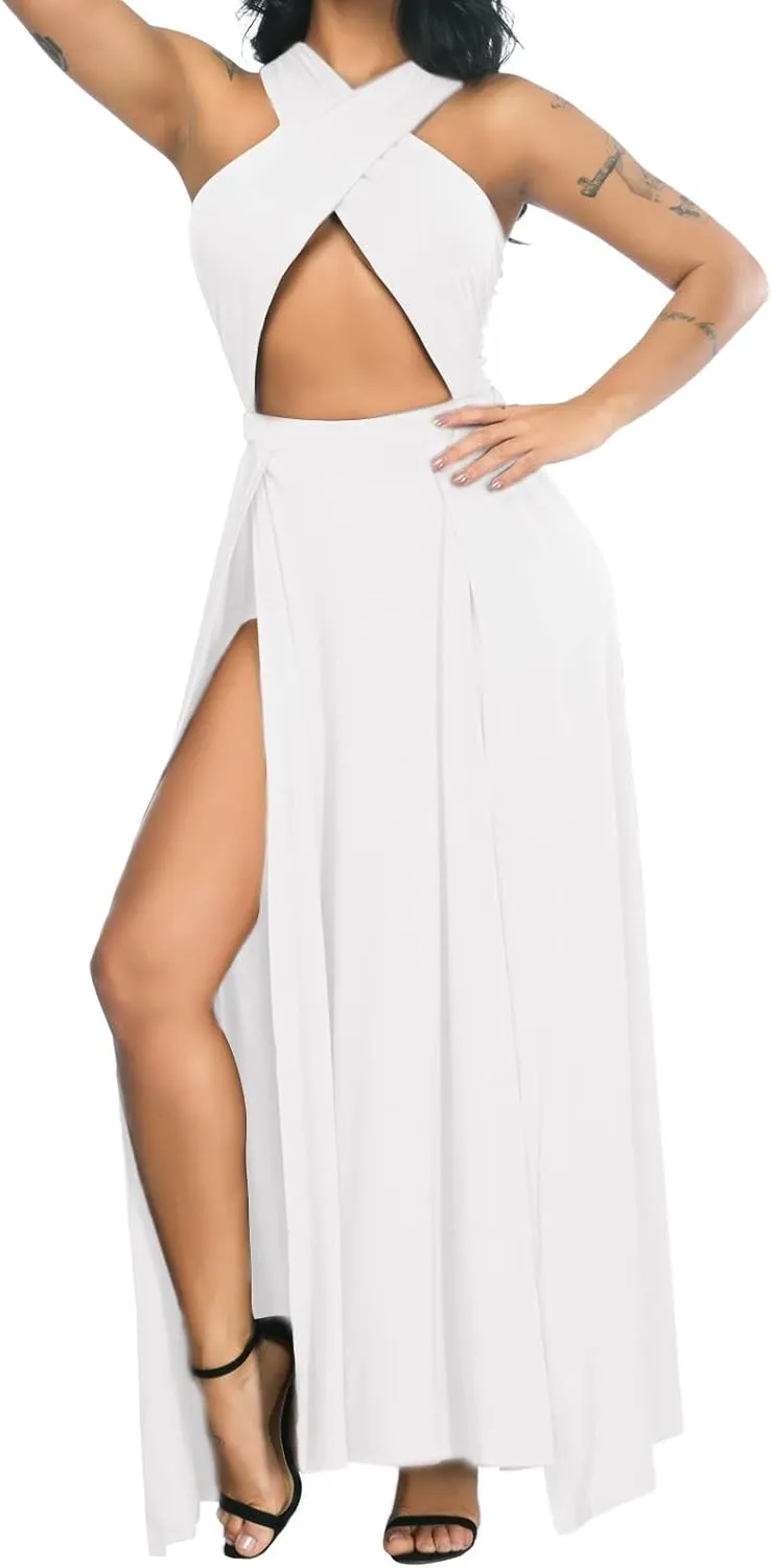 Velius Women Sexy Hollow Out Halter Wrap Sleeveless Plain Pleated Slit Casual Long Maxi Dress