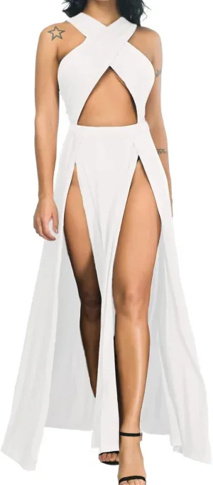 Velius Women Sexy Hollow Out Halter Wrap Sleeveless Plain Pleated Slit Casual Long Maxi Dress
