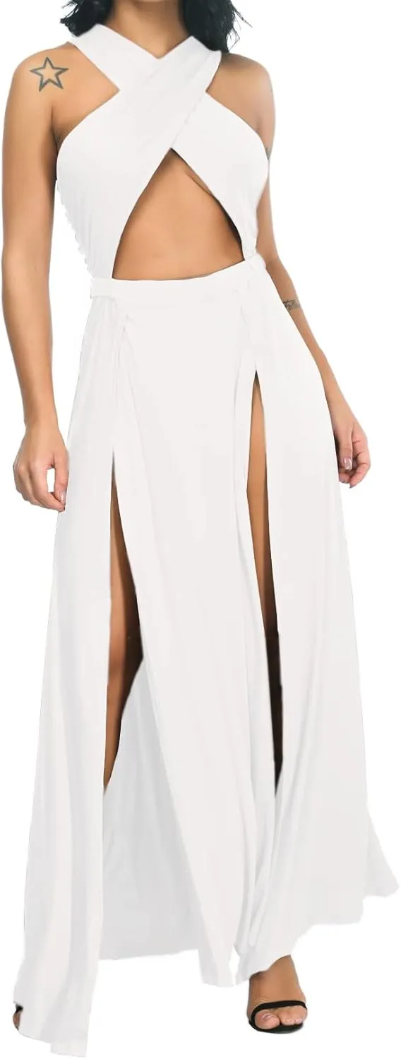 Velius Women Sexy Hollow Out Halter Wrap Sleeveless Plain Pleated Slit Casual Long Maxi Dress
