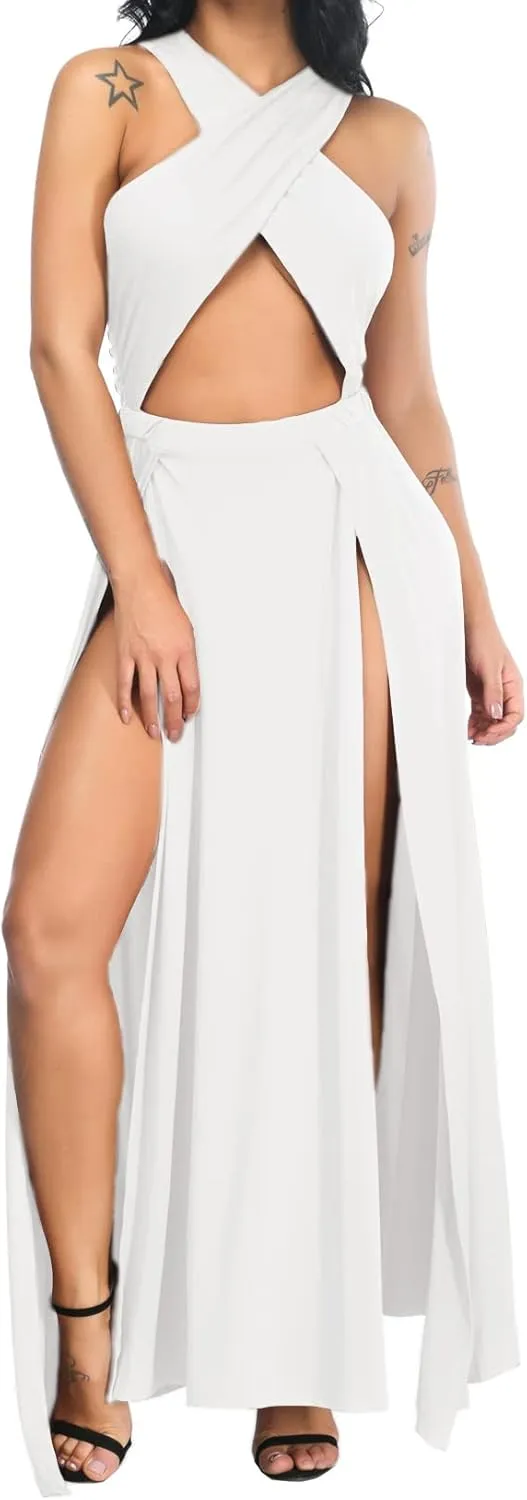 Velius Women Sexy Hollow Out Halter Wrap Sleeveless Plain Pleated Slit Casual Long Maxi Dress