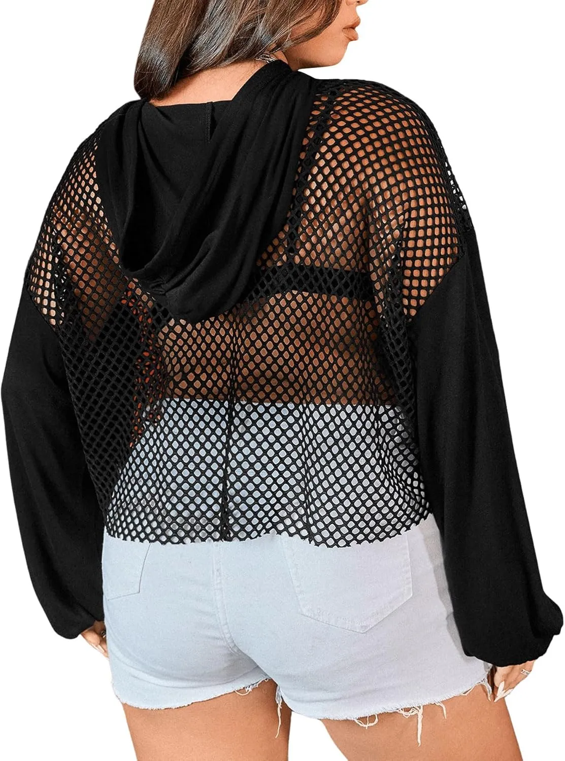Verdusa Women's Sexy See Through Fishnet Long Sleeve Drawstring Hoodie Top Sweatshirt