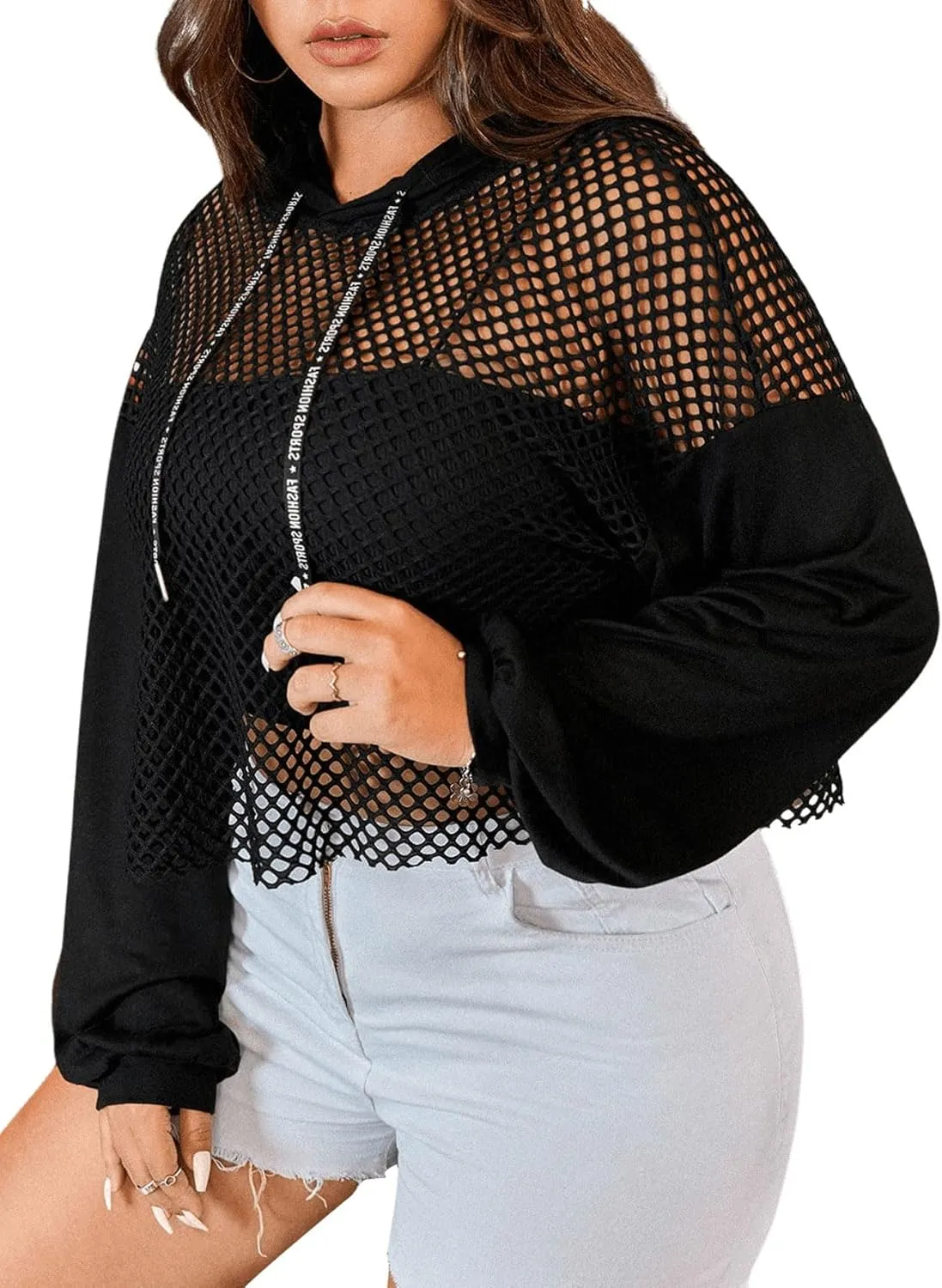 Verdusa Women's Sexy See Through Fishnet Long Sleeve Drawstring Hoodie Top Sweatshirt