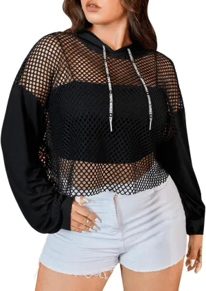 Verdusa Women's Sexy See Through Fishnet Long Sleeve Drawstring Hoodie Top Sweatshirt