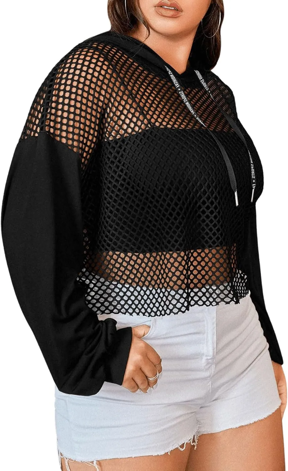 Verdusa Women's Sexy See Through Fishnet Long Sleeve Drawstring Hoodie Top Sweatshirt