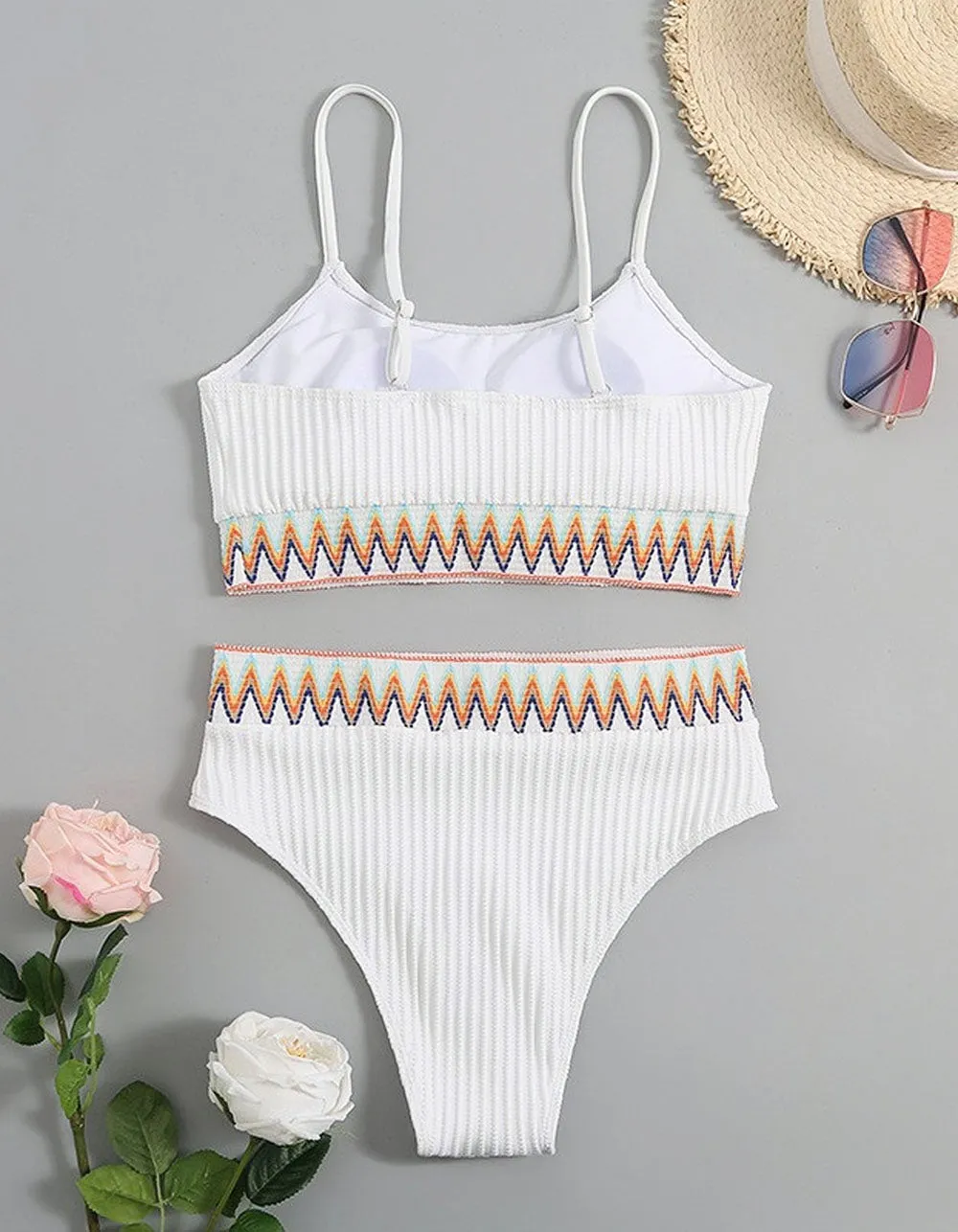 White Backless Strap Two-Piece Bikini Swimwear Sets