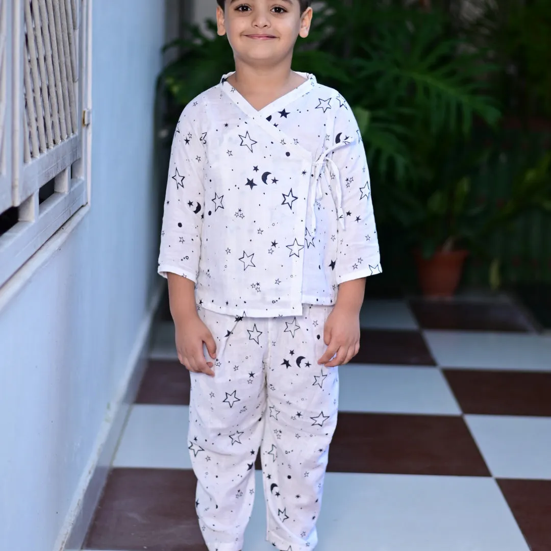 White Soft Cotton Star Printed Nightwear For Boys