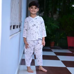 White Soft Cotton Star Printed Nightwear For Boys