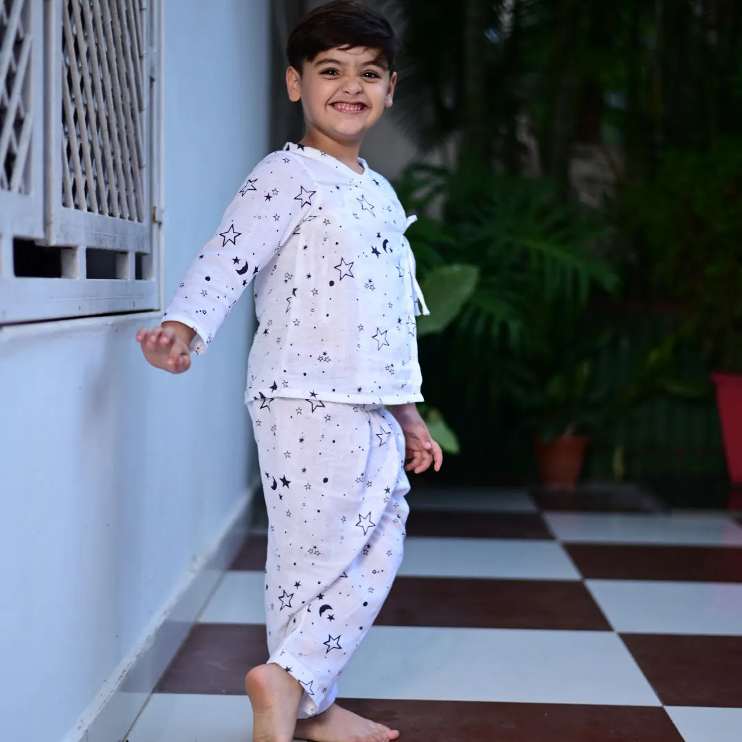 White Soft Cotton Star Printed Nightwear For Boys