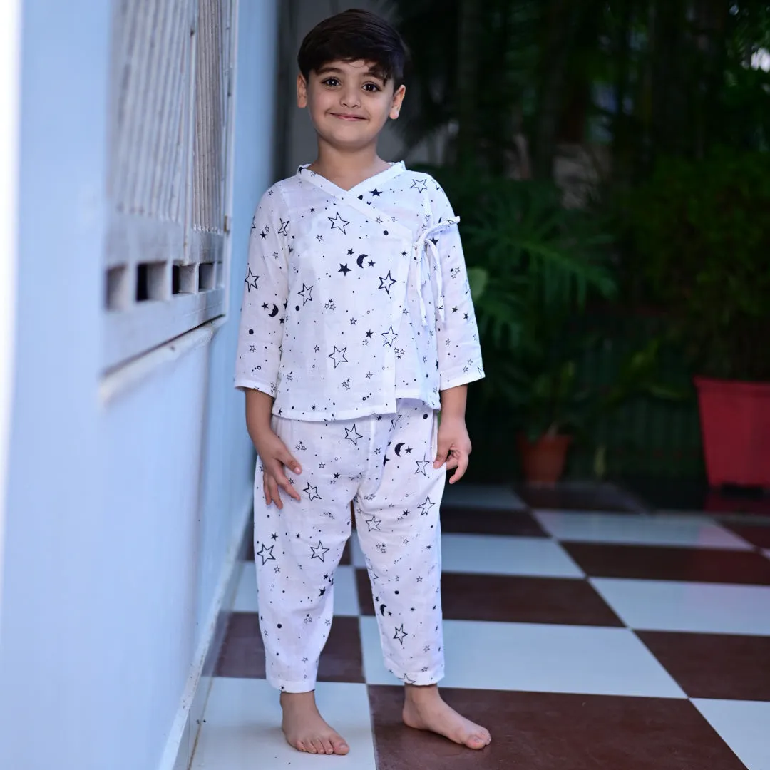 White Soft Cotton Star Printed Nightwear For Boys