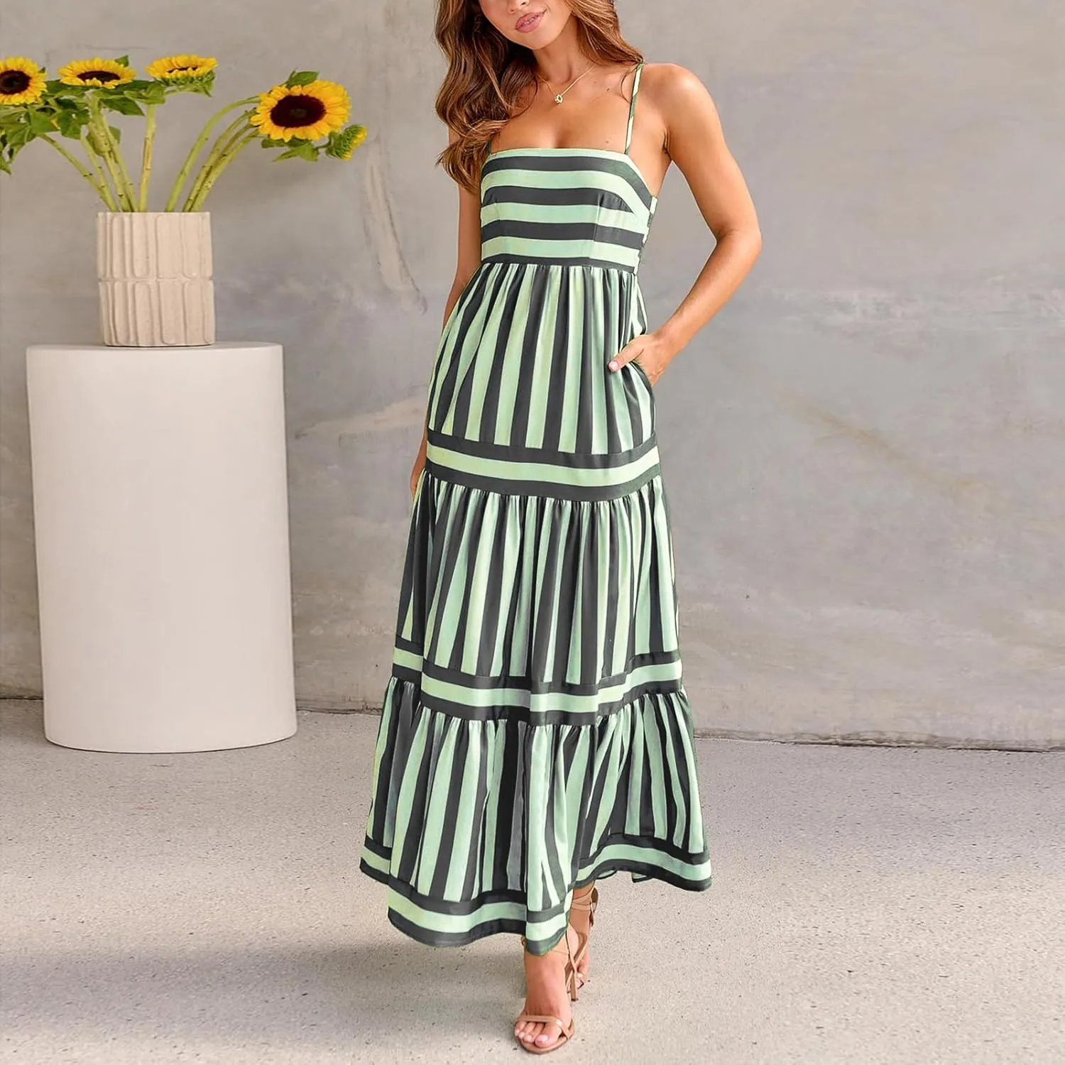 Women Boho Maxi Dress Y2K Spaghetti Strap Striped Print Flowy Long Dress Summer Tiered Beach Sundress