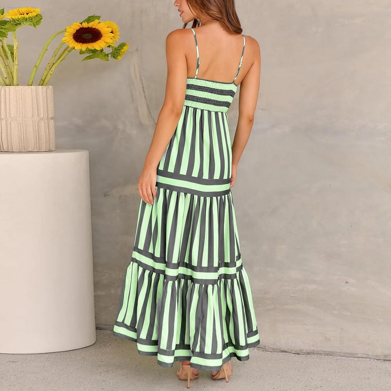 Women Boho Maxi Dress Y2K Spaghetti Strap Striped Print Flowy Long Dress Summer Tiered Beach Sundress