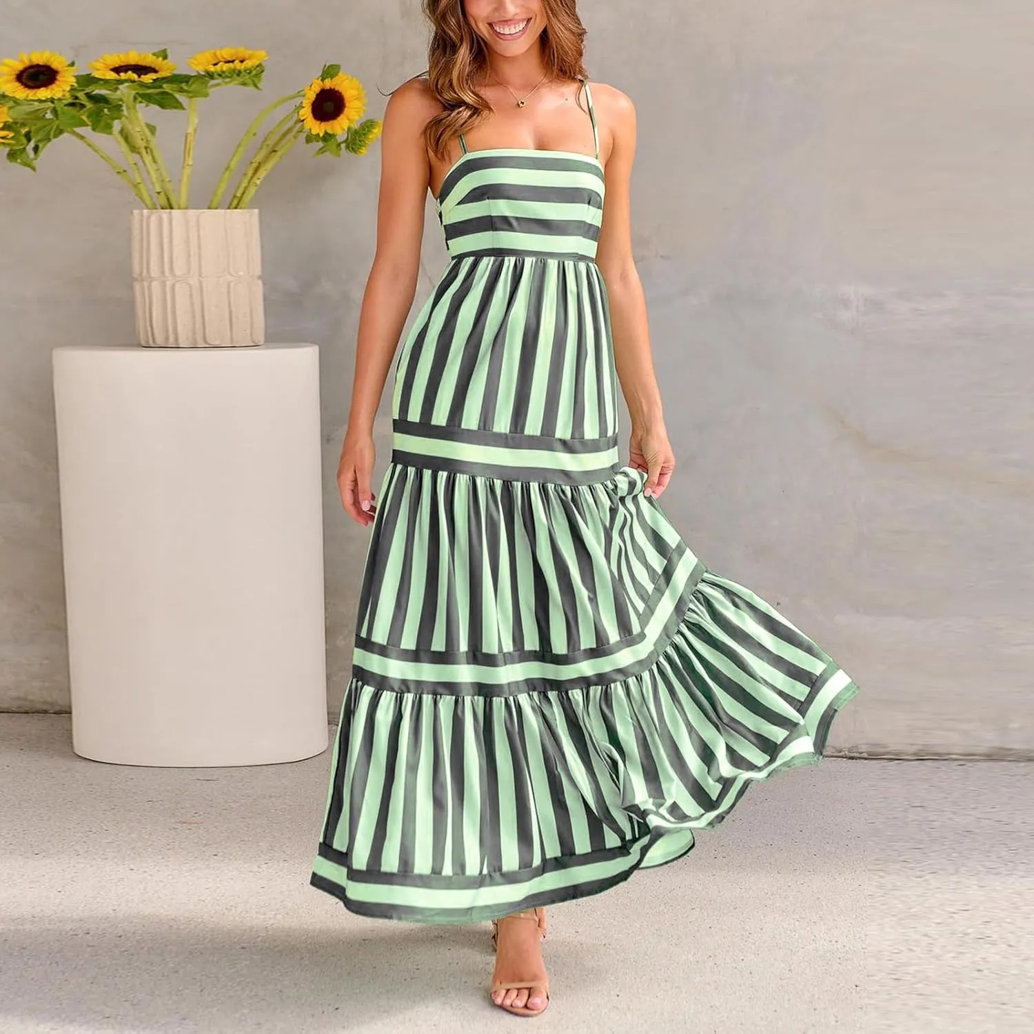 Women Boho Maxi Dress Y2K Spaghetti Strap Striped Print Flowy Long Dress Summer Tiered Beach Sundress