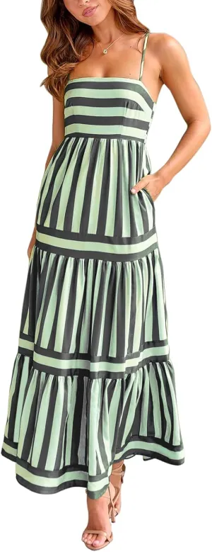 Women Boho Maxi Dress Y2K Spaghetti Strap Striped Print Flowy Long Dress Summer Tiered Beach Sundress