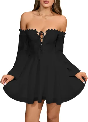 Women’s 2024 Off Shoulder Flowy Mini Dress Long Sleeve Casual Corset Short Dresses