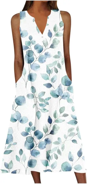 Women's Plus Size Sundress Summer Floral Print Casual Boho Midi Dress Sleeveless V-Neck Long Tank Dress with Pockets
