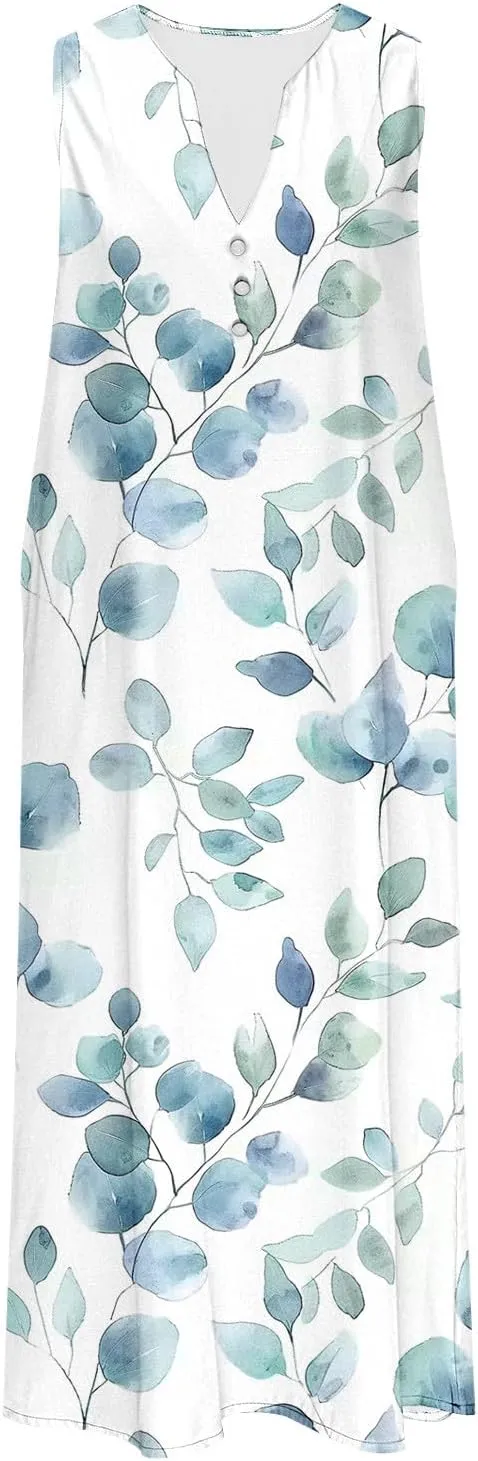 Women's Plus Size Sundress Summer Floral Print Casual Boho Midi Dress Sleeveless V-Neck Long Tank Dress with Pockets