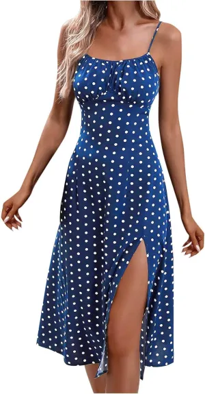 Womens Polka Dot Sundress Spaghetti Strap Summer Dresses Side Slit Midi Dress Casual Beach Vacation Clothes