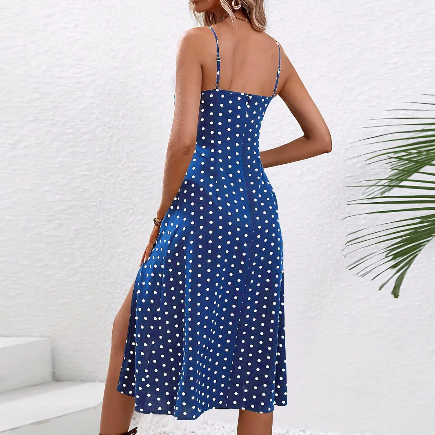 Womens Polka Dot Sundress Spaghetti Strap Summer Dresses Side Slit Midi Dress Casual Beach Vacation Clothes