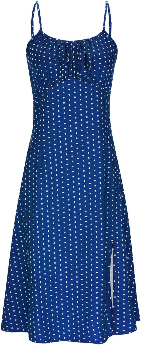 Womens Polka Dot Sundress Spaghetti Strap Summer Dresses Side Slit Midi Dress Casual Beach Vacation Clothes
