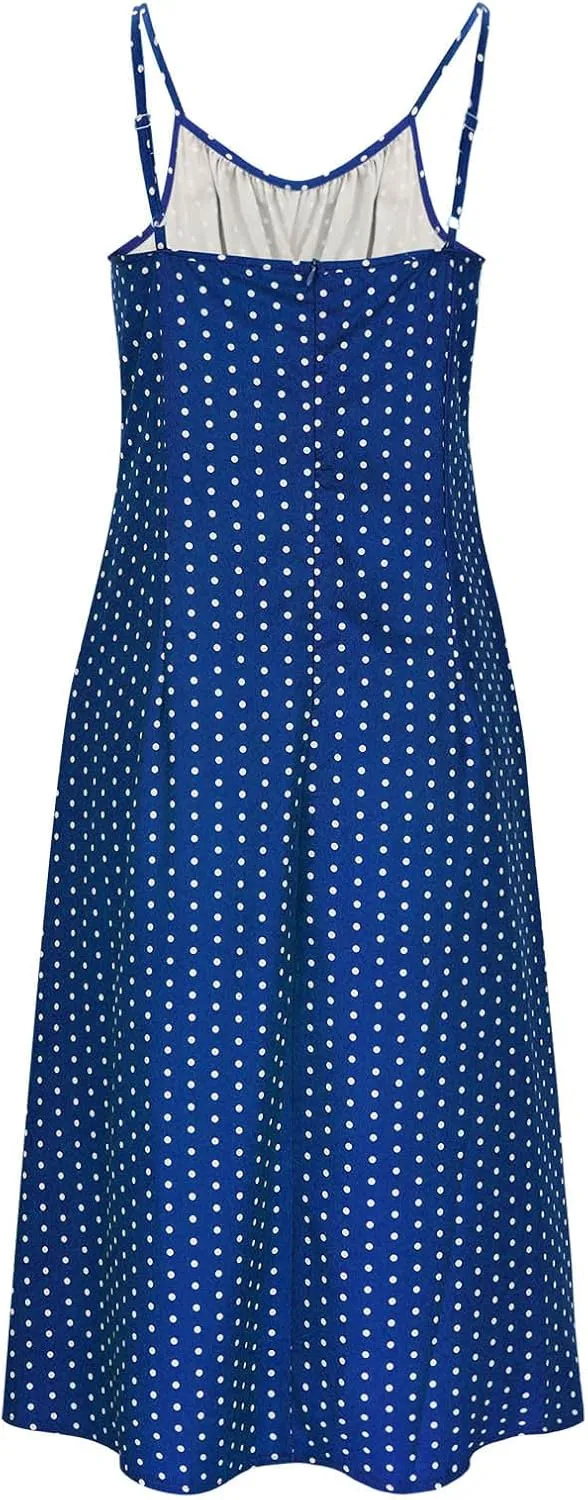 Womens Polka Dot Sundress Spaghetti Strap Summer Dresses Side Slit Midi Dress Casual Beach Vacation Clothes