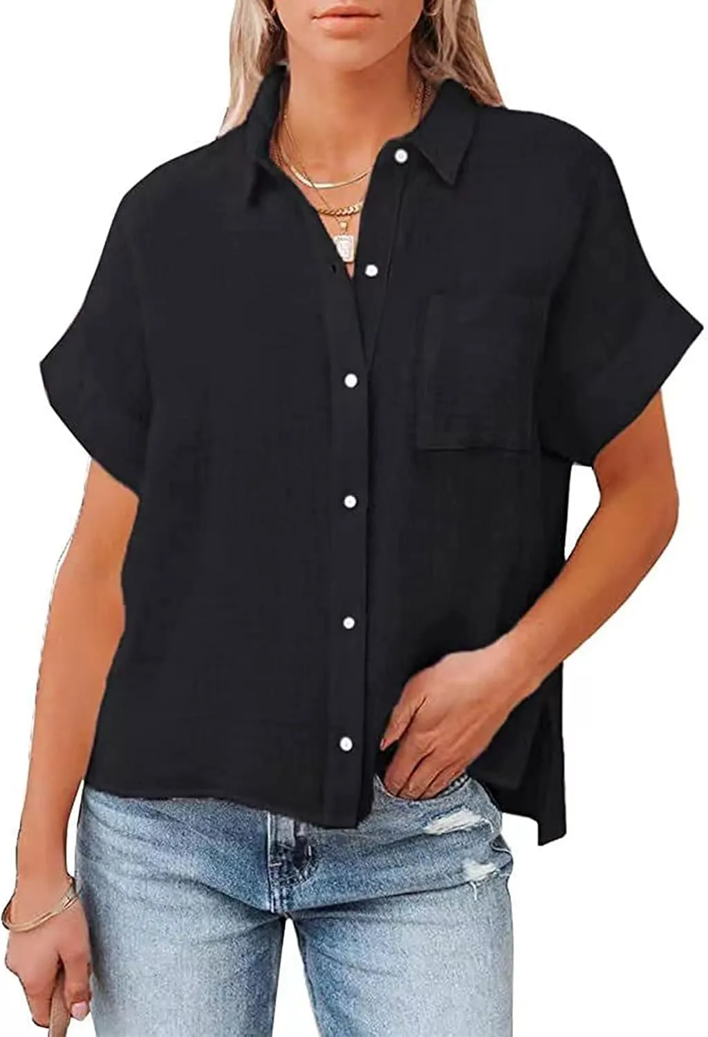 Womens Short Sleeve Cotton Button Down Up Shirt Collared V Neck Tops Shirts Blouses Dress for Women Western Wear