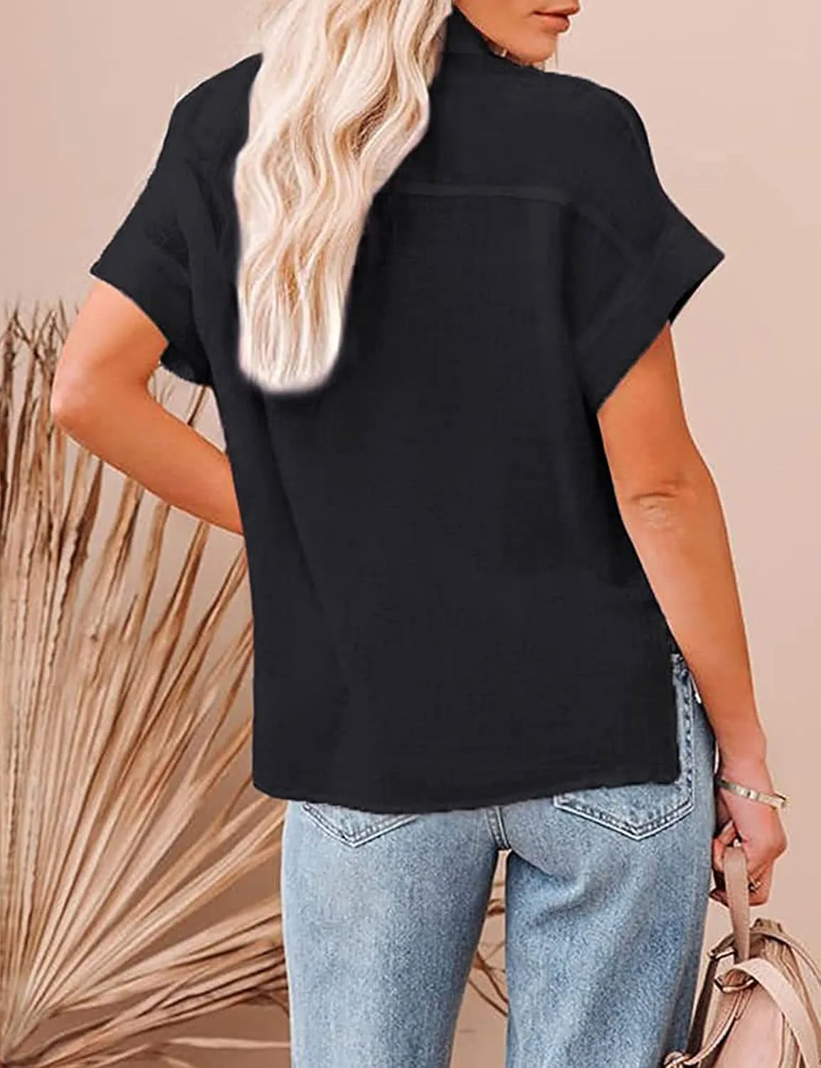Womens Short Sleeve Cotton Button Down Up Shirt Collared V Neck Tops Shirts Blouses Dress for Women Western Wear
