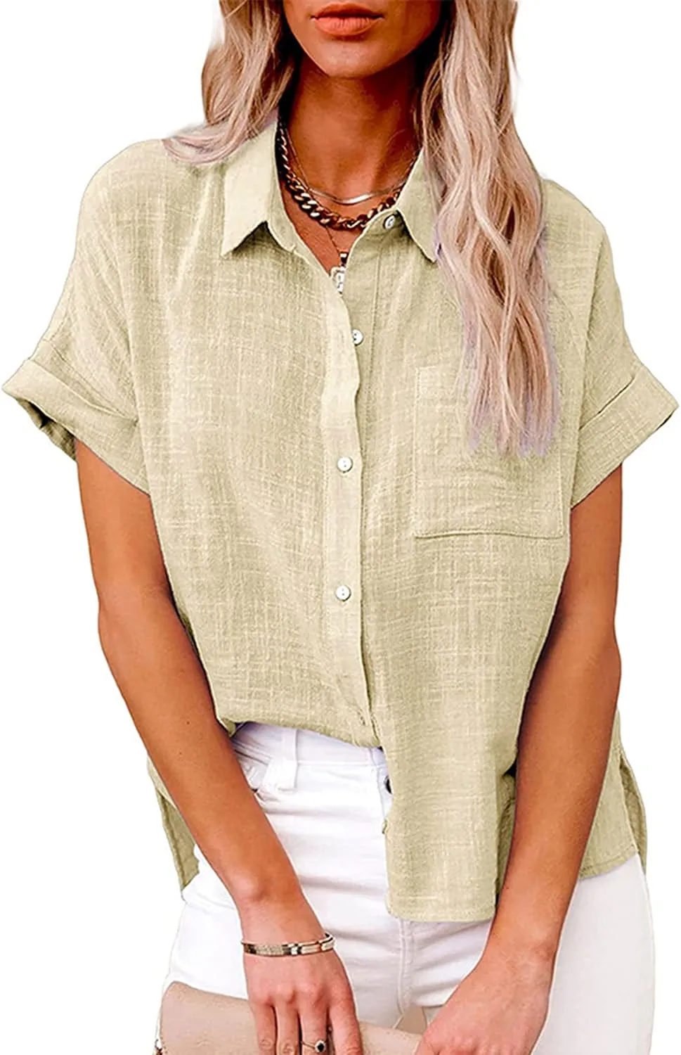 Womens Short Sleeve Cotton Button Down Up Shirt Collared V Neck Tops Shirts Blouses Dress for Women Western Wear