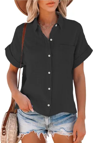 Womens Short Sleeve Cotton Button Down Up Shirt Collared V Neck Tops Shirts Blouses Dress for Women Western Wear