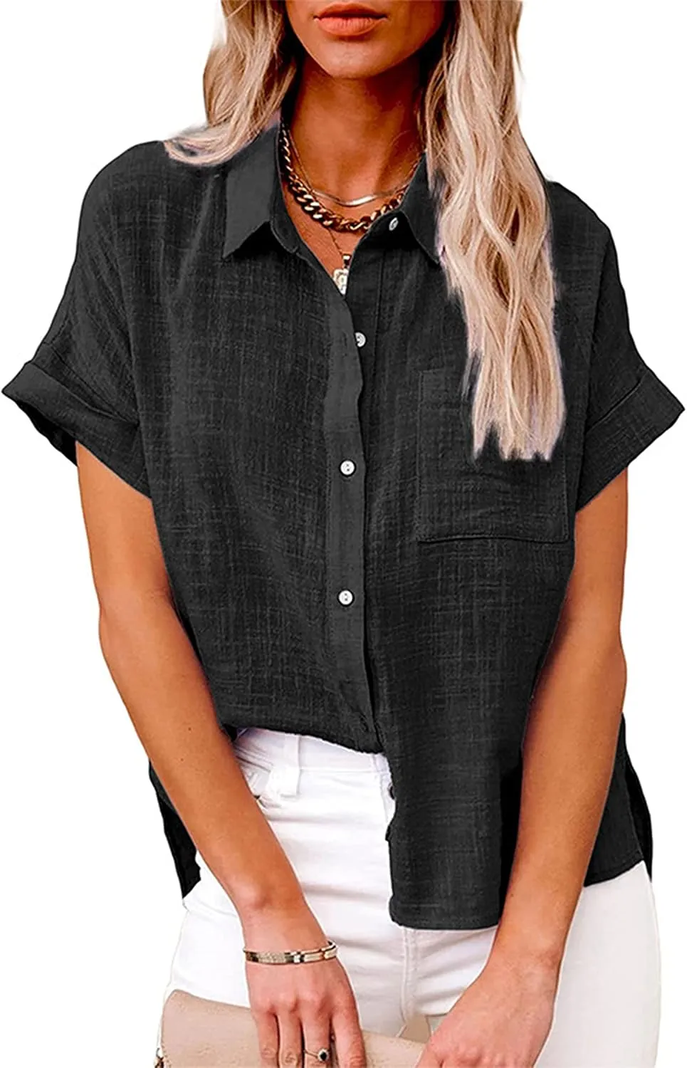 Womens Short Sleeve Cotton Button Down Up Shirt Collared V Neck Tops Shirts Blouses Dress for Women Western Wear