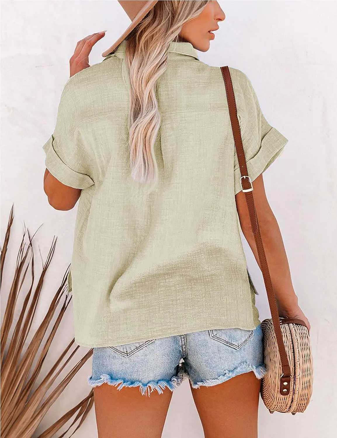 Womens Short Sleeve Cotton Button Down Up Shirt Collared V Neck Tops Shirts Blouses Dress for Women Western Wear