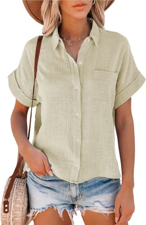 Womens Short Sleeve Cotton Button Down Up Shirt Collared V Neck Tops Shirts Blouses Dress for Women Western Wear