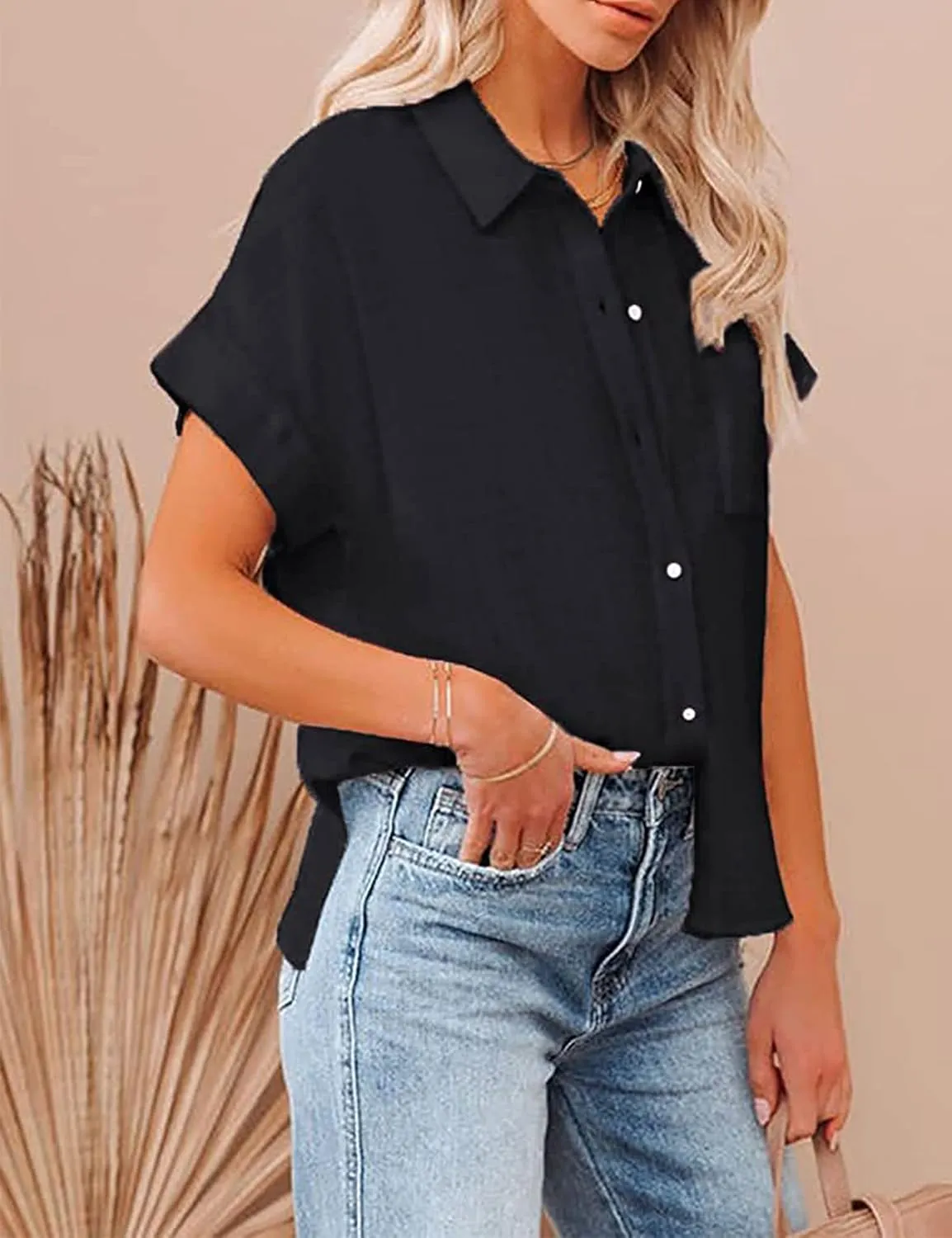 Womens Short Sleeve Cotton Button Down Up Shirt Collared V Neck Tops Shirts Blouses Dress for Women Western Wear