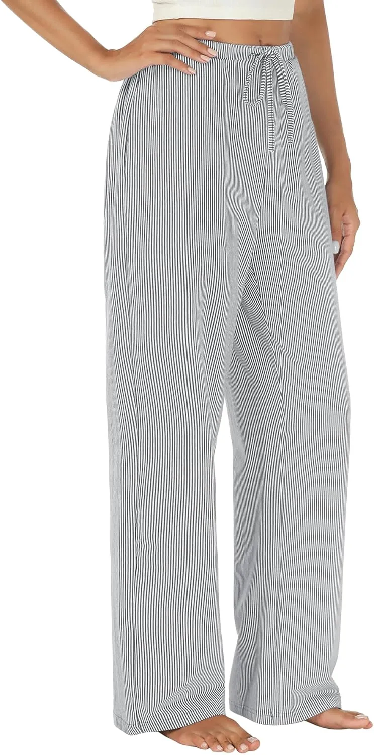 Womens Striped Pajama Pants Cotton Comfy Lounge Pj Pants Casual Wide Leg Drawstring Elastic Sleep Bottoms with Pockets