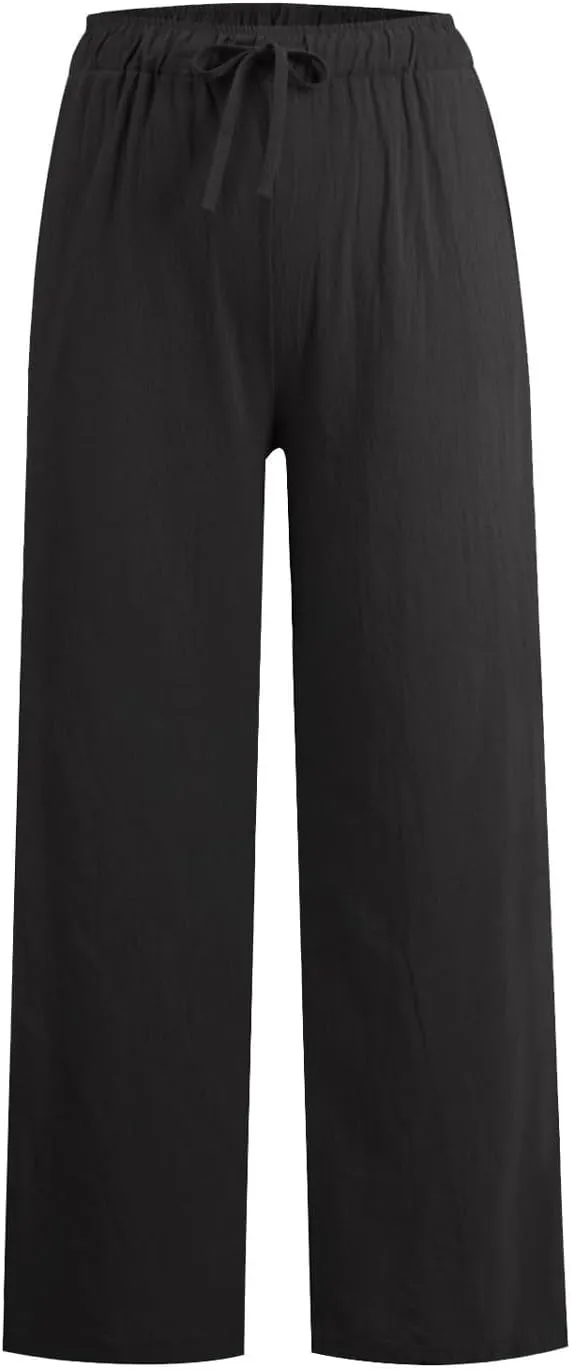 YOCUR Women Wide Leg Flowy Drawstring Palazzo Linen Pants Beach Casual Elastic High Waisted Loose Trousers