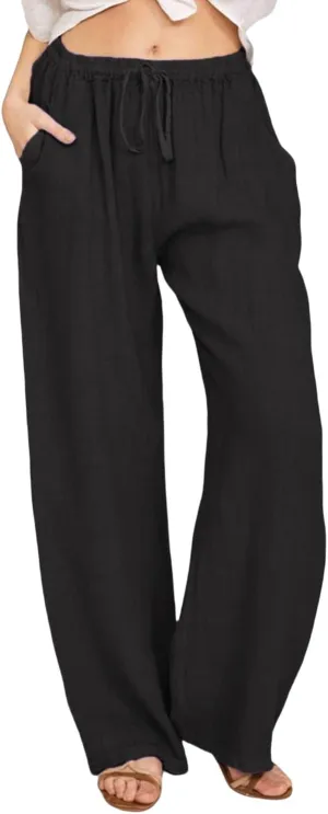 YOCUR Women Wide Leg Flowy Drawstring Palazzo Linen Pants Beach Casual Elastic High Waisted Loose Trousers