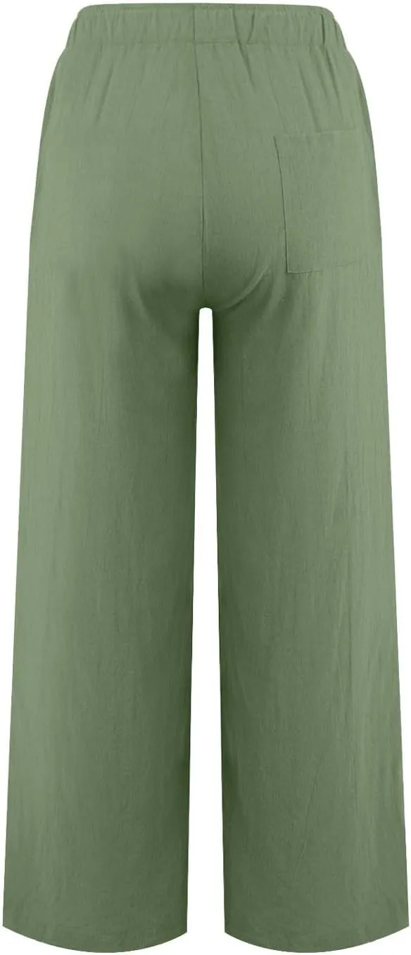 YOCUR Women Wide Leg Flowy Drawstring Palazzo Linen Pants Beach Casual Elastic High Waisted Loose Trousers