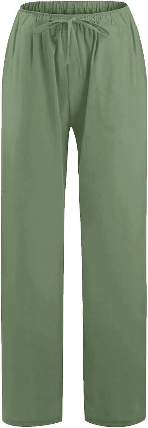 YOCUR Women Wide Leg Flowy Drawstring Palazzo Linen Pants Beach Casual Elastic High Waisted Loose Trousers