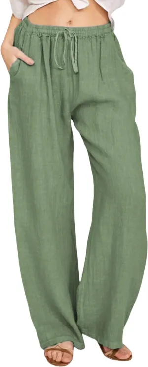 YOCUR Women Wide Leg Flowy Drawstring Palazzo Linen Pants Beach Casual Elastic High Waisted Loose Trousers