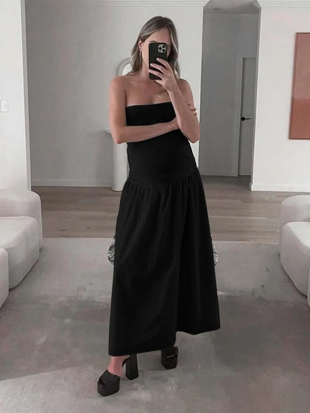 YOXUA Women's Summer Strapless Sleeveless Patchwork A-Line Tube Long Maxi Dress Off Shoulder Beach Maxi Dress