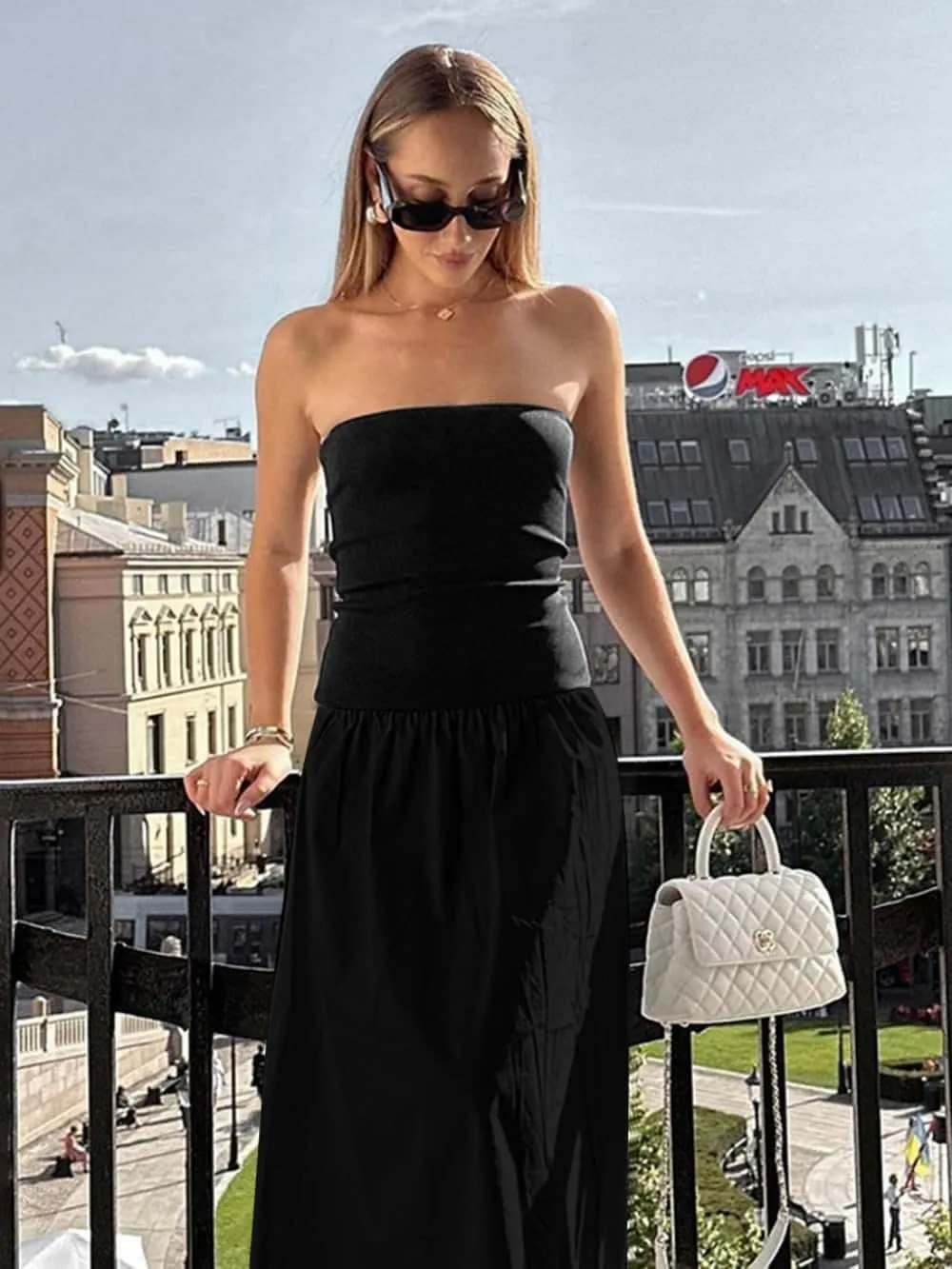 YOXUA Women's Summer Strapless Sleeveless Patchwork A-Line Tube Long Maxi Dress Off Shoulder Beach Maxi Dress
