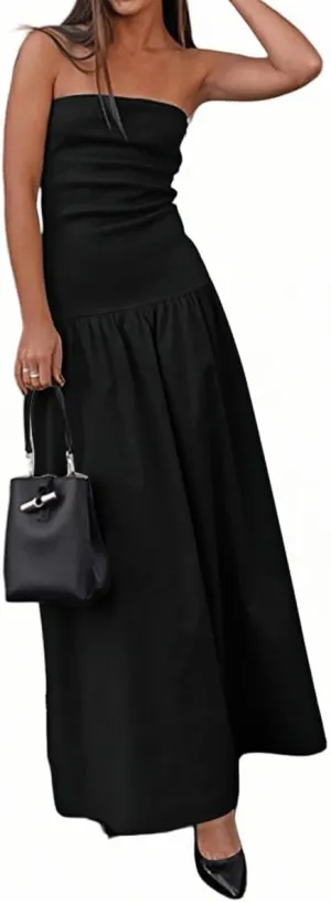 YOXUA Women's Summer Strapless Sleeveless Patchwork A-Line Tube Long Maxi Dress Off Shoulder Beach Maxi Dress