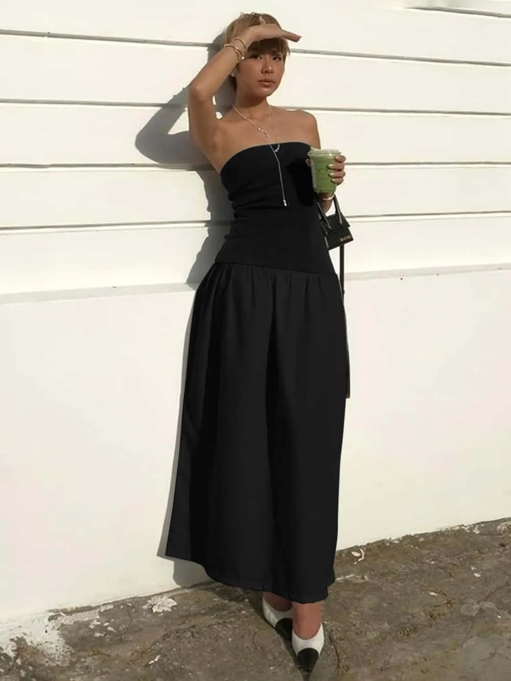 YOXUA Women's Summer Strapless Sleeveless Patchwork A-Line Tube Long Maxi Dress Off Shoulder Beach Maxi Dress