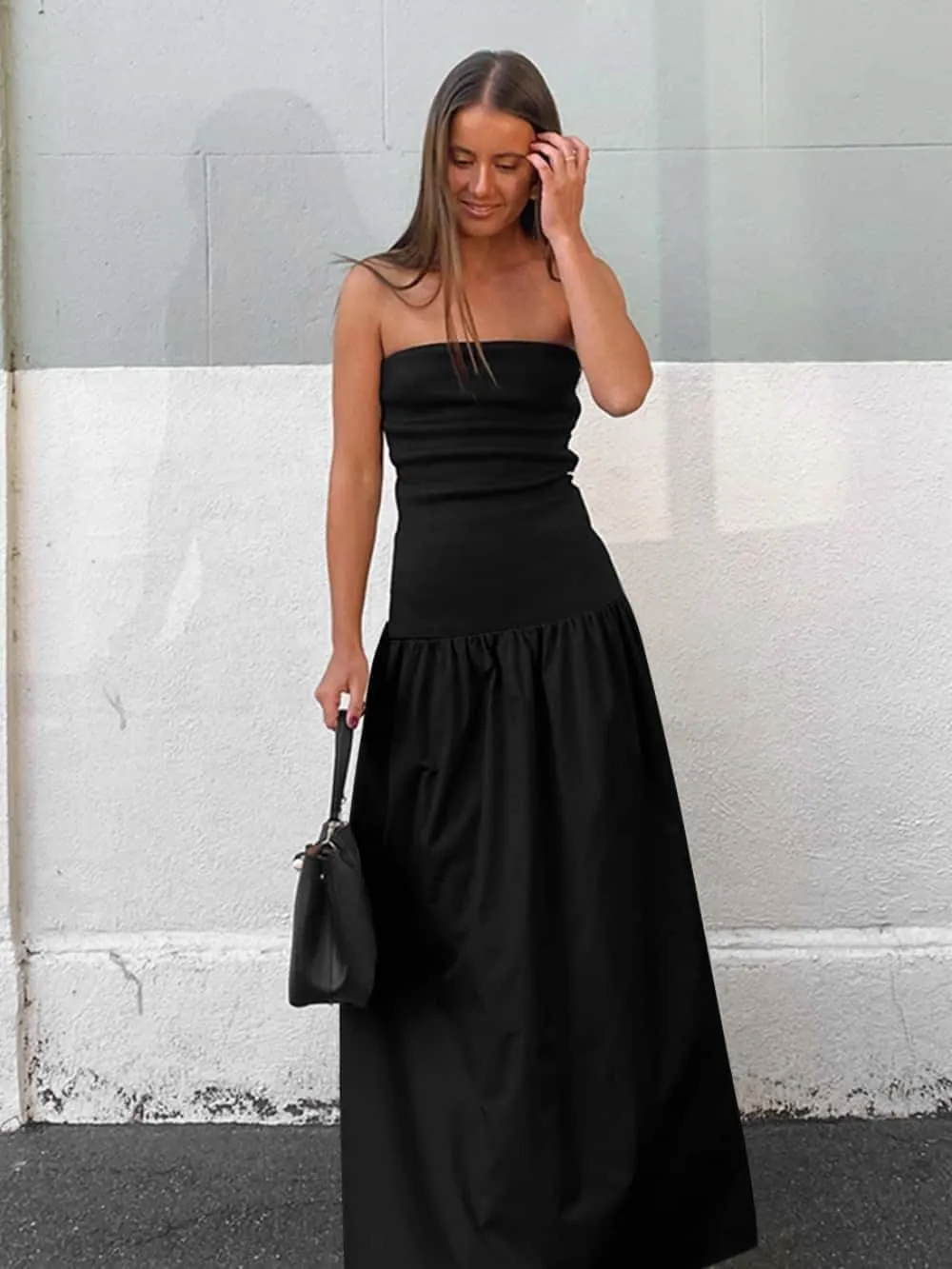 YOXUA Women's Summer Strapless Sleeveless Patchwork A-Line Tube Long Maxi Dress Off Shoulder Beach Maxi Dress
