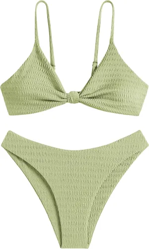 ZAFUL Women's Tie Knot Front Spaghetti Strap High Cut Bikini Set Swimsuit