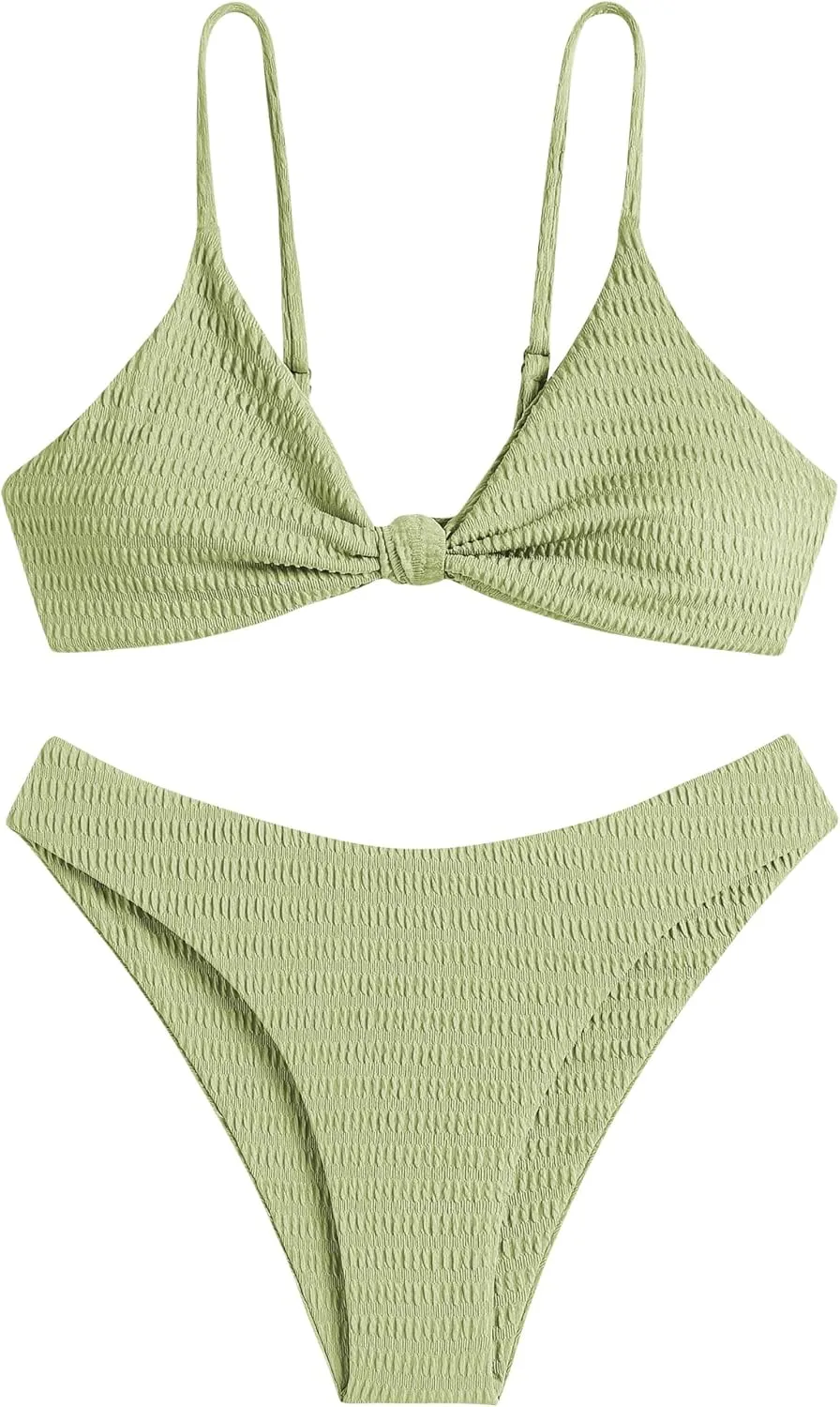 ZAFUL Women's Tie Knot Front Spaghetti Strap High Cut Bikini Set Swimsuit